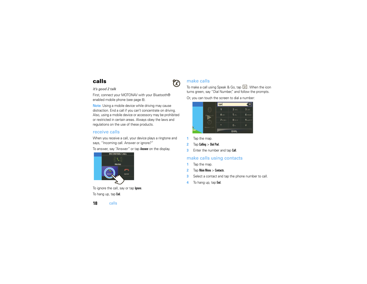 Calls, Receive calls, Make calls | Make calls using contacts | Motorola MOTONAV TN500 User Manual | Page 20 / 116
