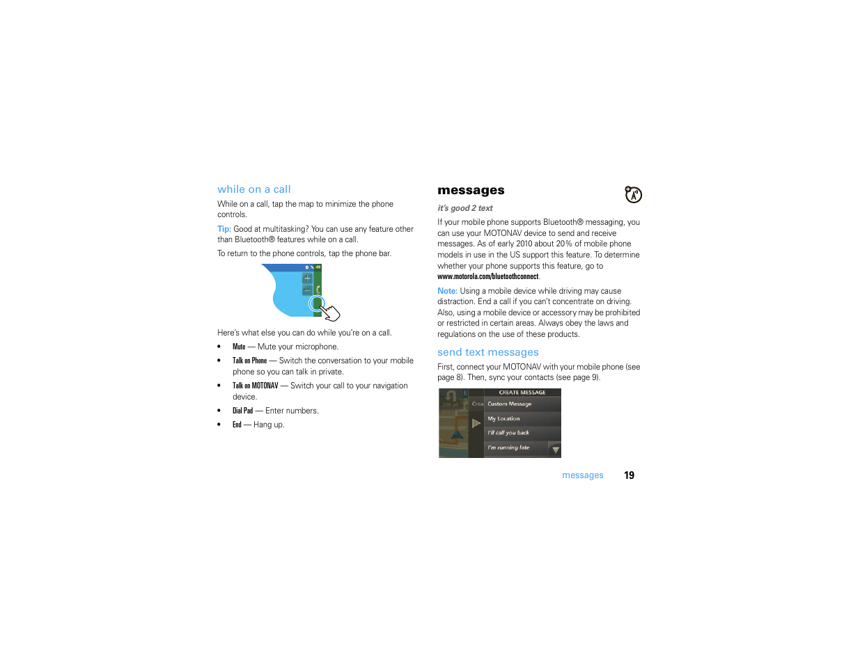 While on a call, Messages, Send text messages | Motorola MOTONAV TN500 User Manual | Page 21 / 116