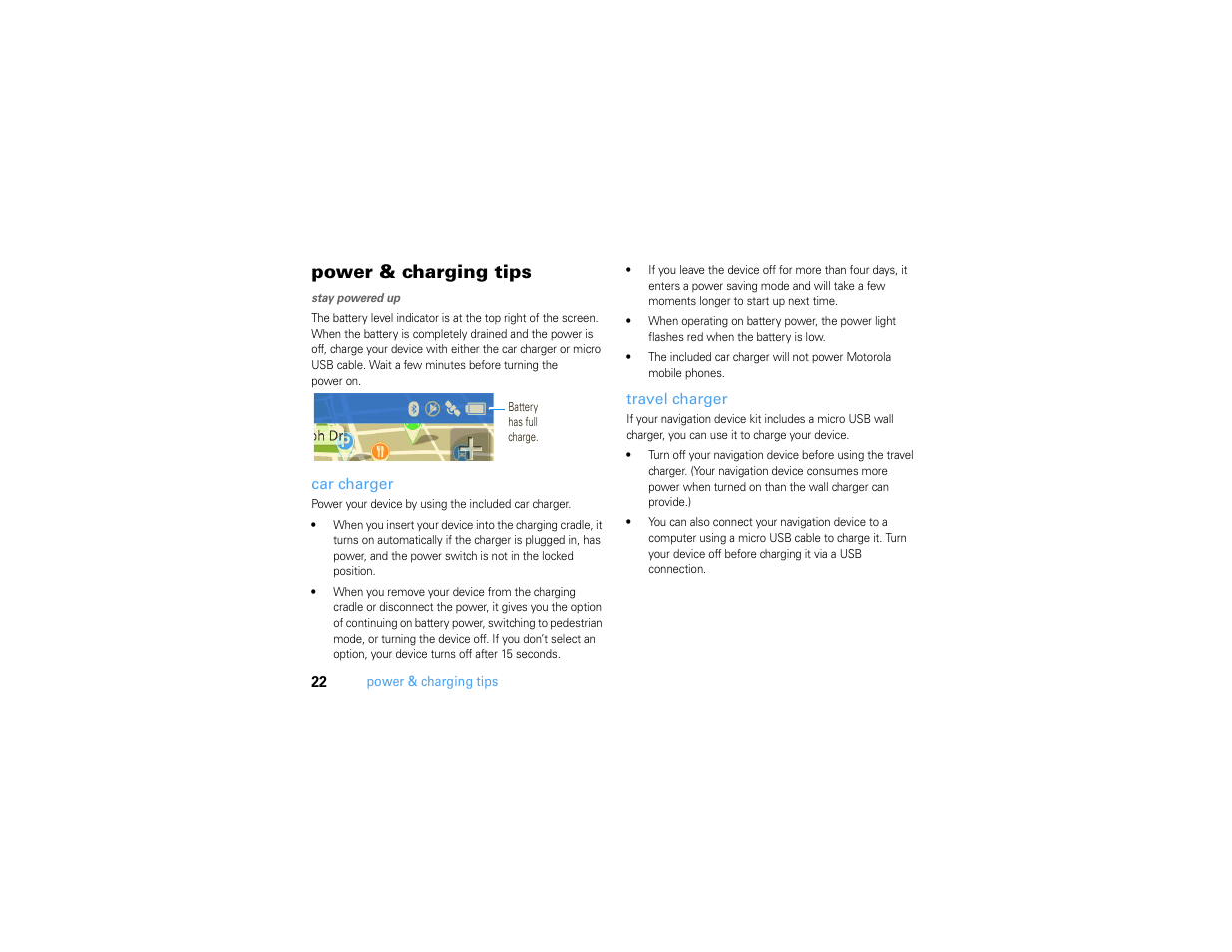 Power & charging tips, Car charger, Travel charger | Motorola MOTONAV TN500 User Manual | Page 24 / 116