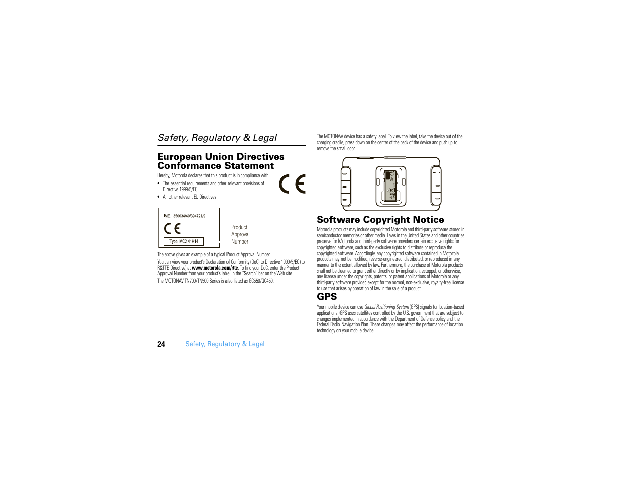 Safety, regulatory & legal, European union directives conformance statement, Software copyright notice | Motorola MOTONAV TN500 User Manual | Page 26 / 116