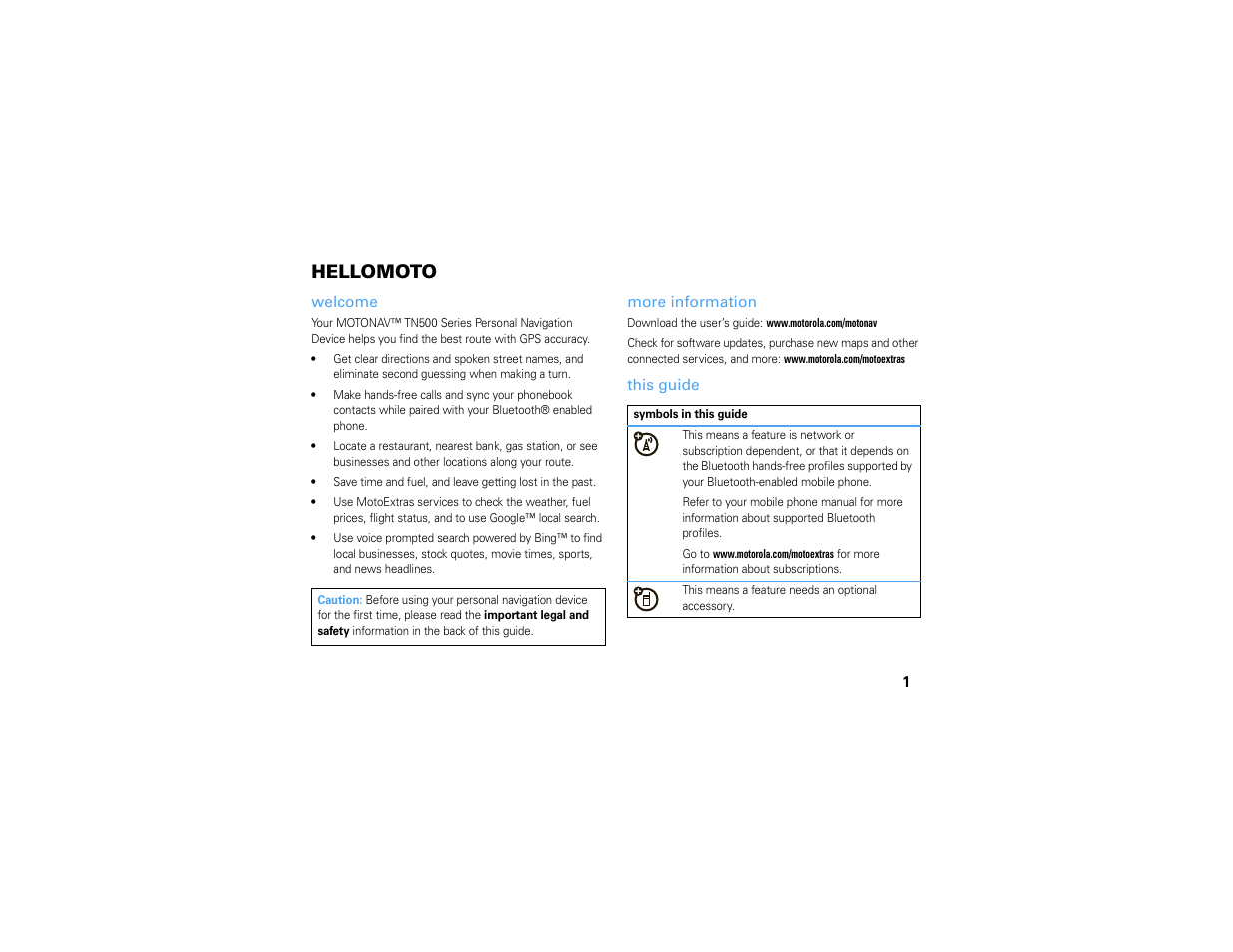 Hellomoto, Welcome, More information | This guide | Motorola MOTONAV TN500 User Manual | Page 3 / 116