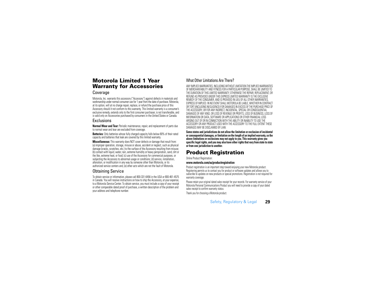 Motorola limited 1 year warranty for accessories, Product registration | Motorola MOTONAV TN500 User Manual | Page 31 / 116