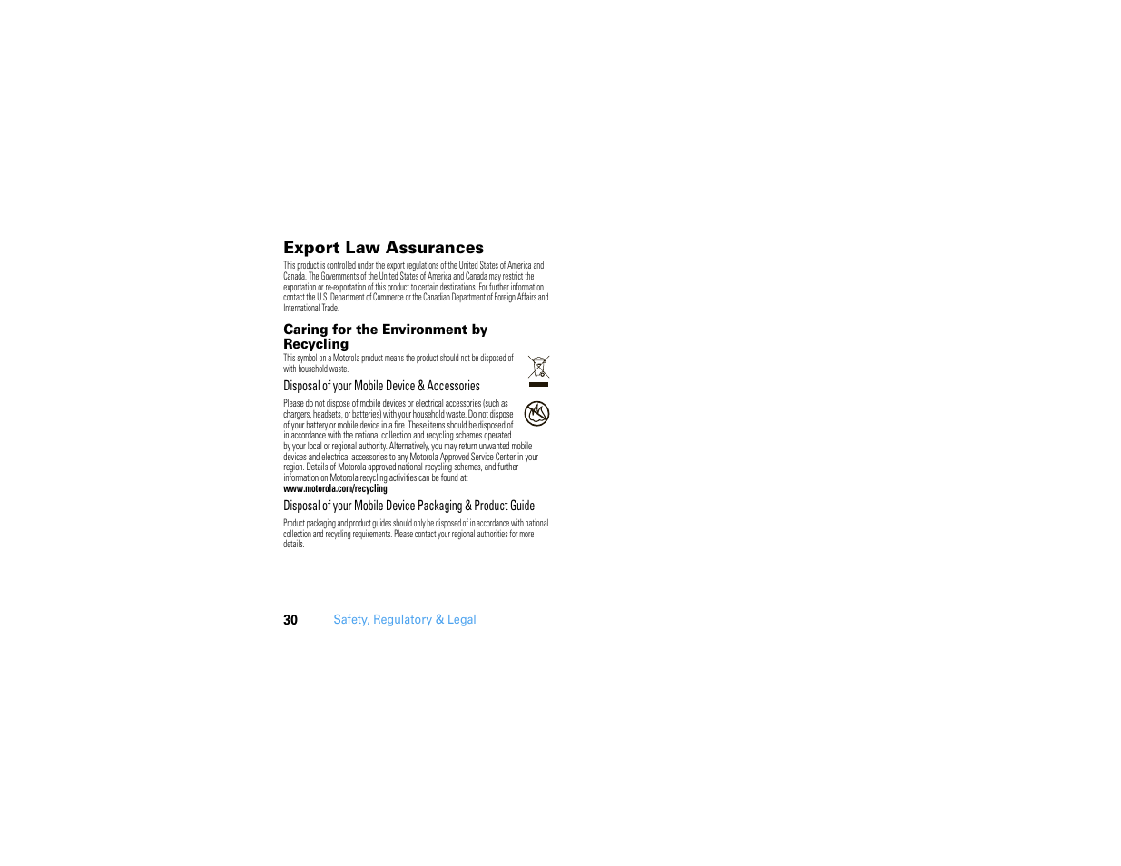 Export law assurances, Caring for the environment by recycling | Motorola MOTONAV TN500 User Manual | Page 32 / 116