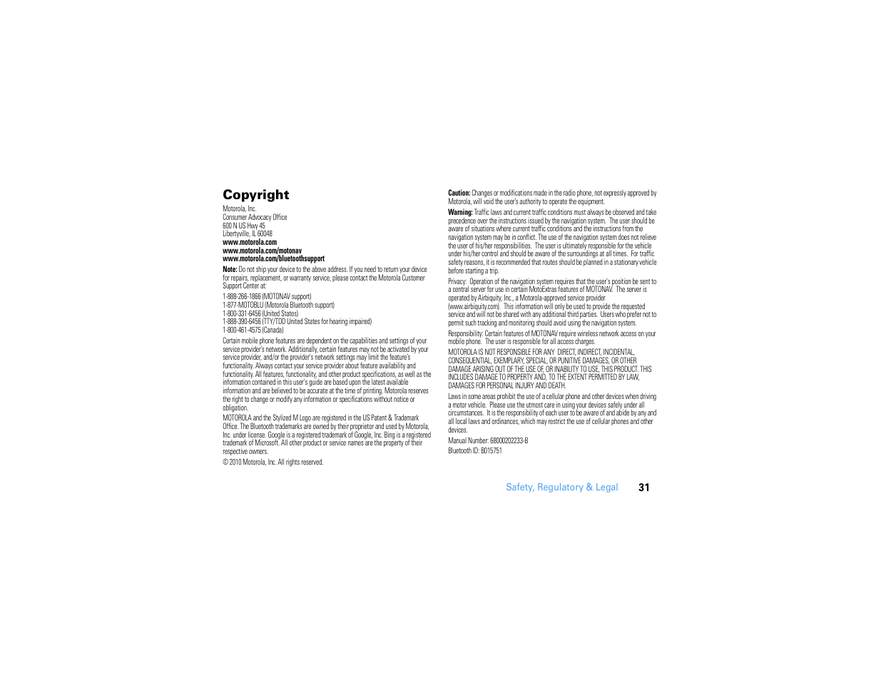 Copyright | Motorola MOTONAV TN500 User Manual | Page 33 / 116