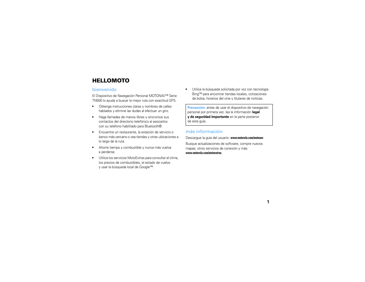 Hellomoto, Bienvenido, Más información | Motorola MOTONAV TN500 User Manual | Page 37 / 116