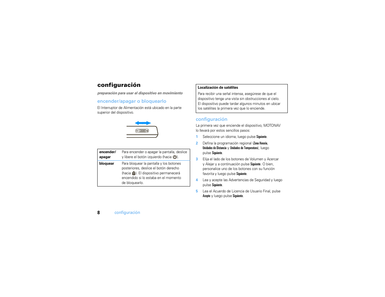 Configuración, Encender/apagar o bloquearlo | Motorola MOTONAV TN500 User Manual | Page 44 / 116