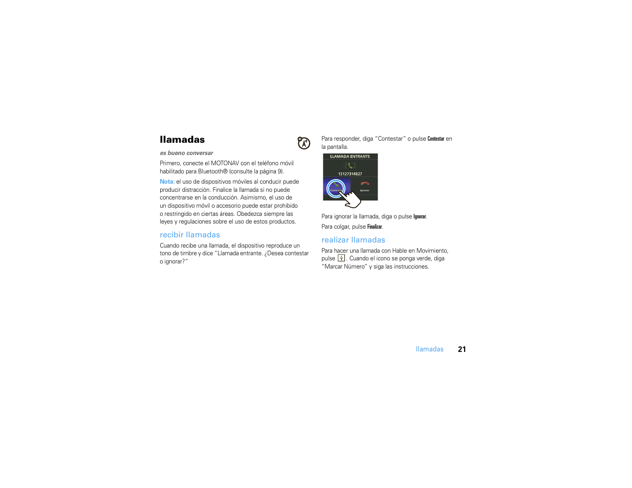 Llamadas, Recibir llamadas, Realizar llamadas | Motorola MOTONAV TN500 User Manual | Page 57 / 116