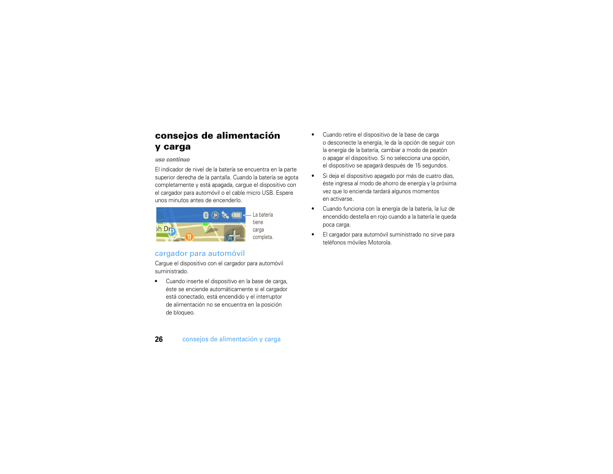 Consejos de alimentación y carga, Cargador para automóvil | Motorola MOTONAV TN500 User Manual | Page 62 / 116