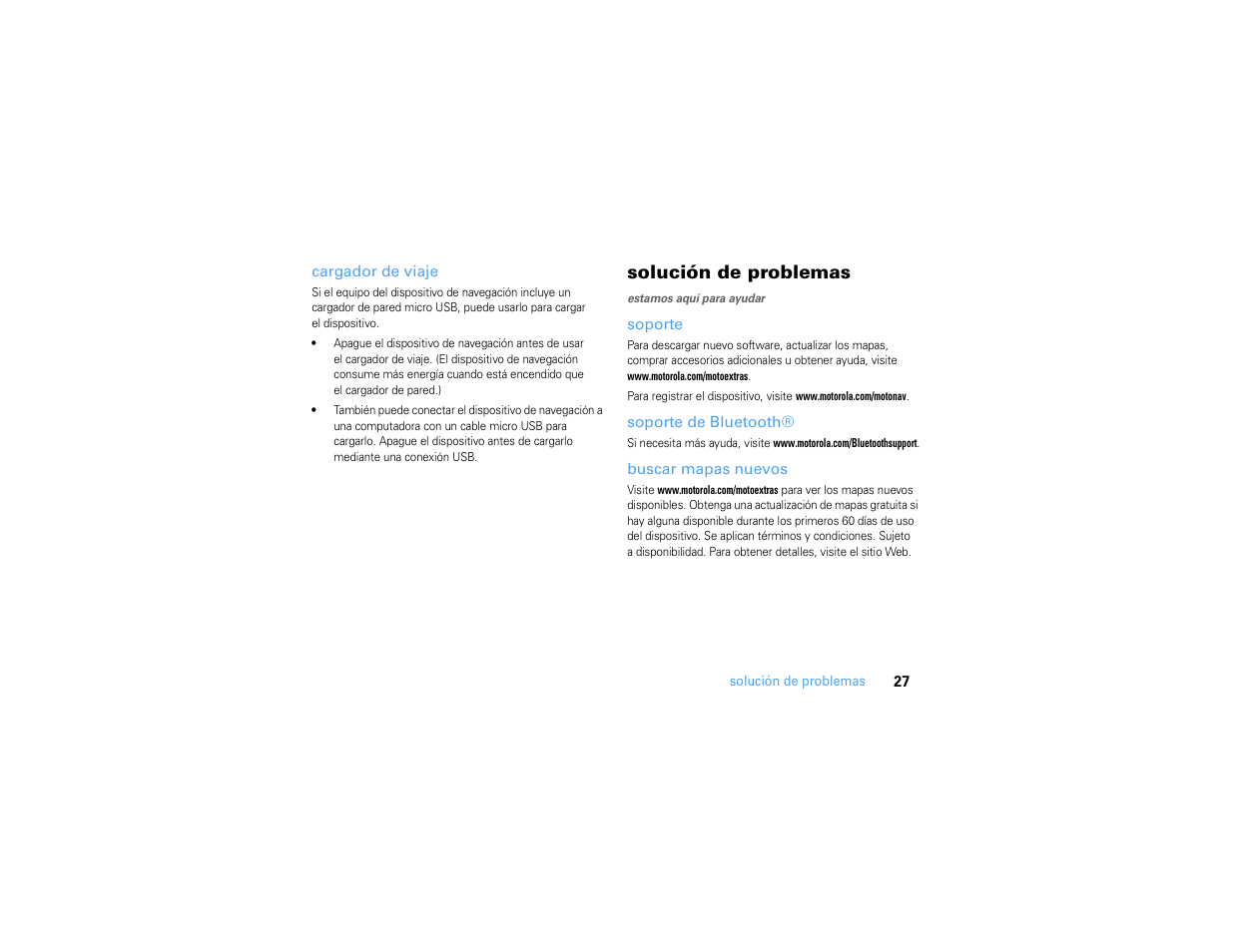 Cargador de viaje, Solución de problemas, Soporte | Soporte de bluetooth, Buscar mapas nuevos | Motorola MOTONAV TN500 User Manual | Page 63 / 116