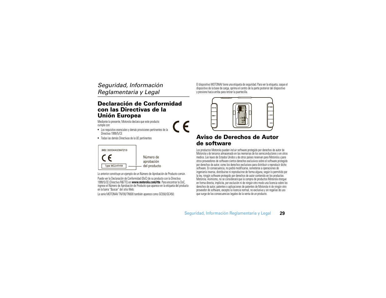 Seguridad, información reglamentaria y legal, Aviso de derechos de autor de software | Motorola MOTONAV TN500 User Manual | Page 65 / 116