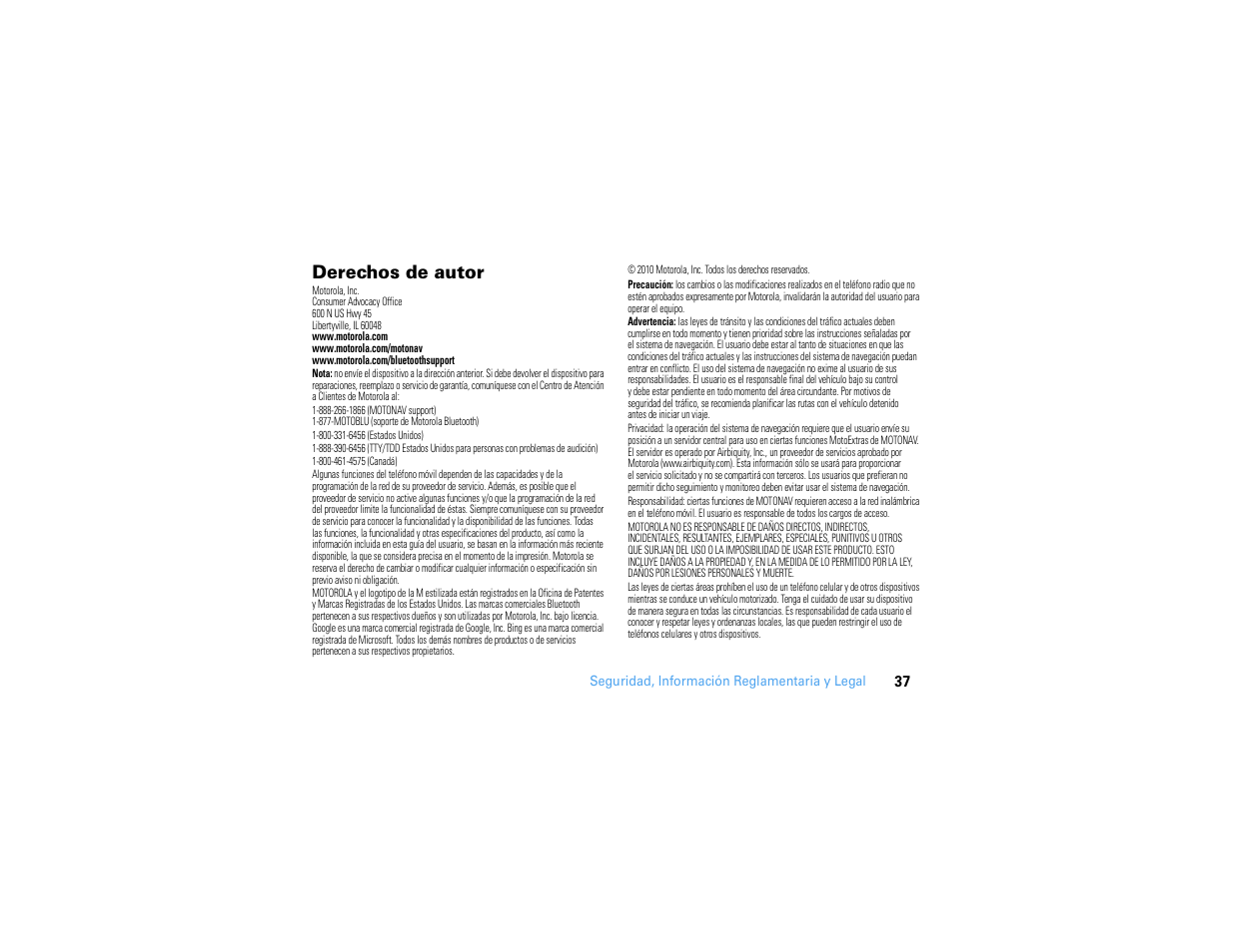 Derechos de autor | Motorola MOTONAV TN500 User Manual | Page 73 / 116