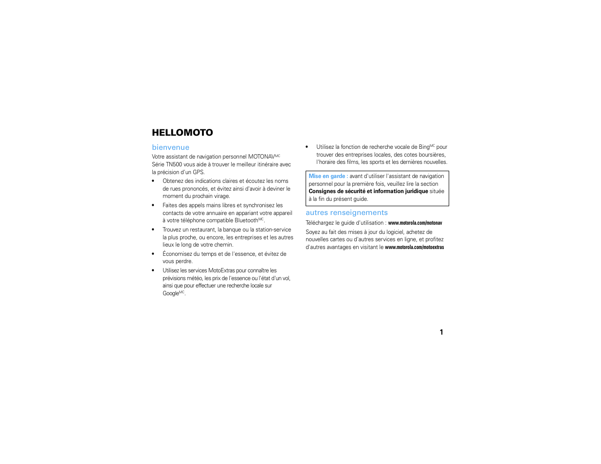 Hellomoto, Bienvenue, Autres renseignements | Motorola MOTONAV TN500 User Manual | Page 77 / 116
