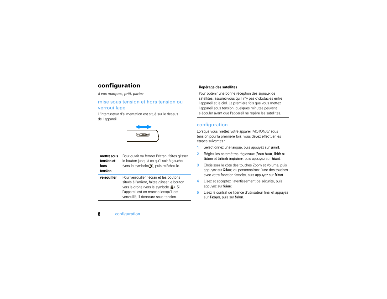 Configuration, Mise sous tension et hors tension ou verrouillage | Motorola MOTONAV TN500 User Manual | Page 84 / 116