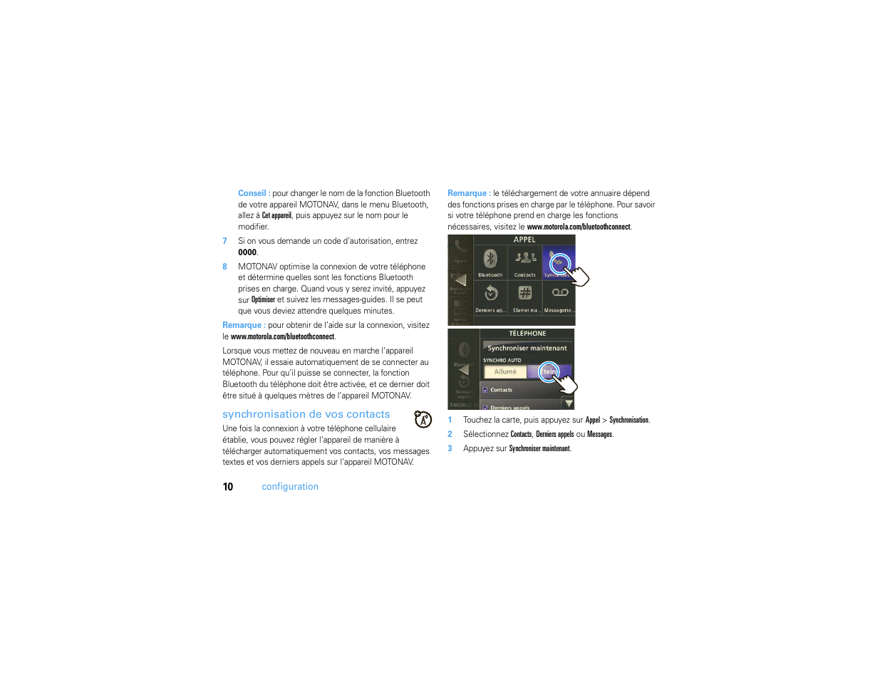 Synchronisation de vos contacts | Motorola MOTONAV TN500 User Manual | Page 86 / 116