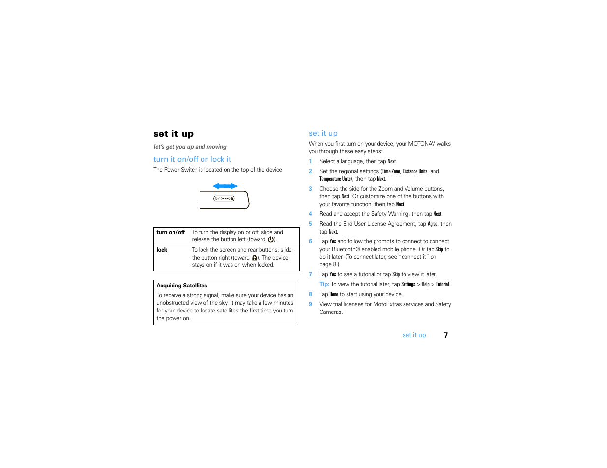Set it up, Turn it on/off or lock it | Motorola MOTONAV TN500 User Manual | Page 9 / 116