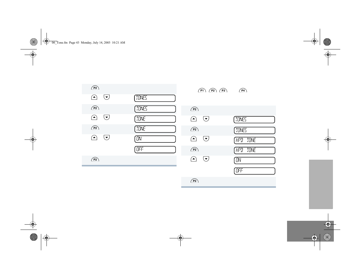 Tones on/off, Keypad on/off tones | Motorola CM300TM User Manual | Page 45 / 68