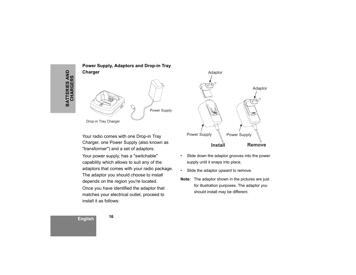 Power supply, adaptors and drop-in tray charger | Motorola XTNi Series User Manual | Page 18 / 69