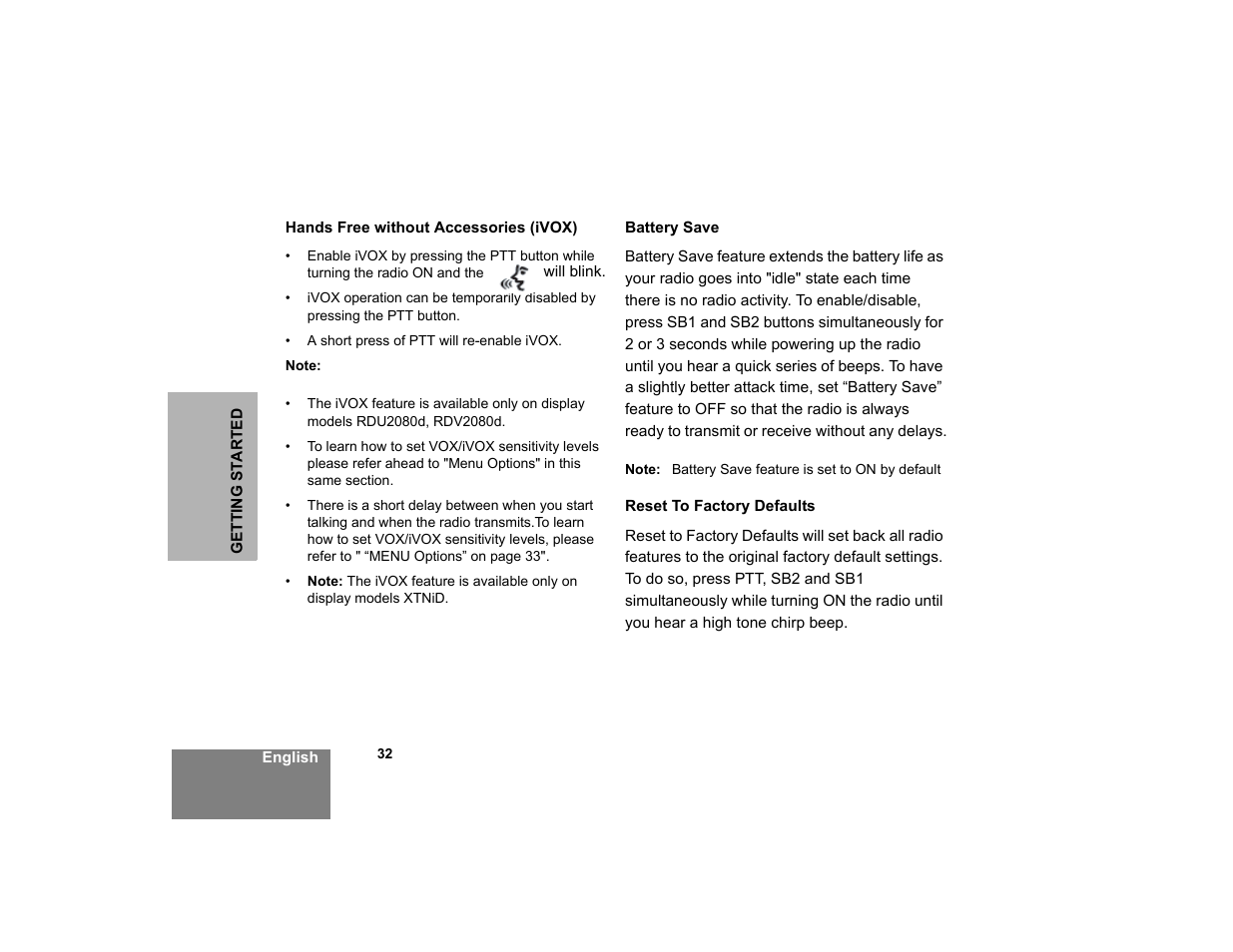 Hands free without accessories (ivox), Battery save, Reset to factory defaults | Motorola XTNi Series User Manual | Page 34 / 69