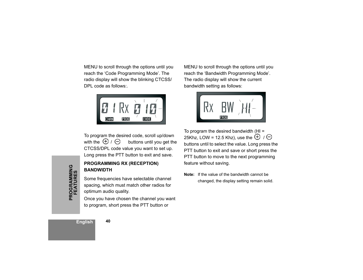 Programming rx (reception) bandwidth .40 | Motorola XTNi Series User Manual | Page 42 / 69