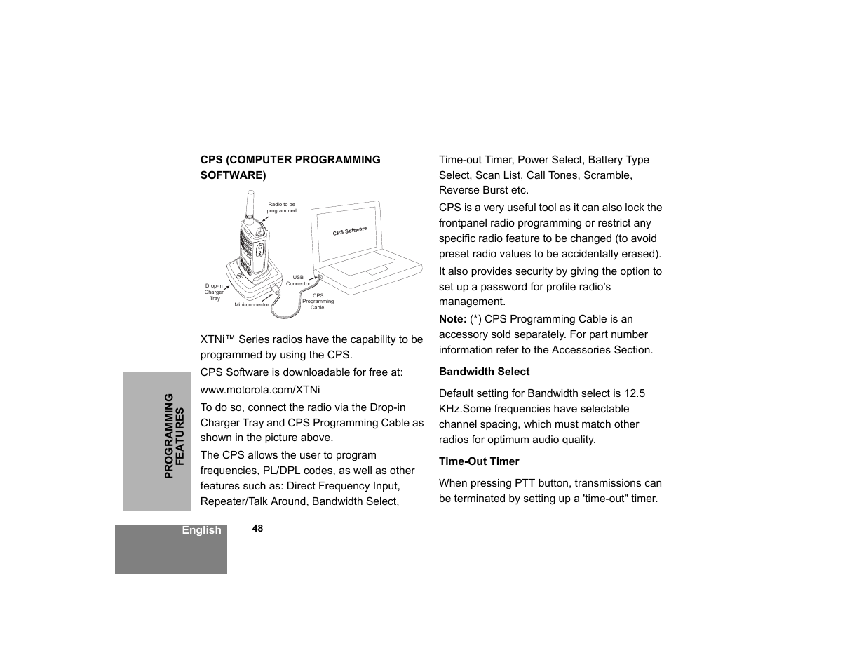 Cps (computer programming software). 48, Bandwidth select time-out timer | Motorola XTNi Series User Manual | Page 50 / 69