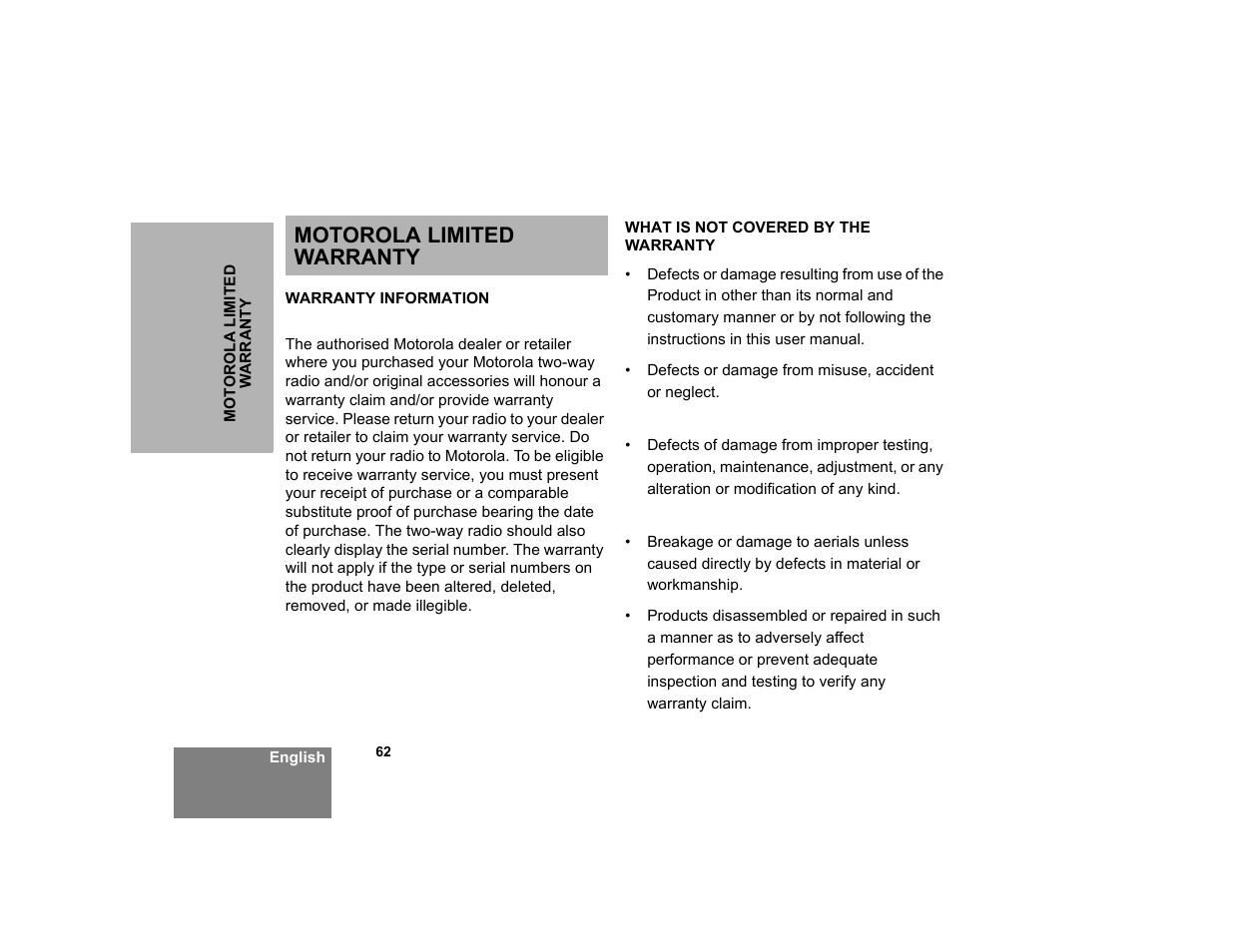 Motorola limited warranty | Motorola XTNi Series User Manual | Page 64 / 69