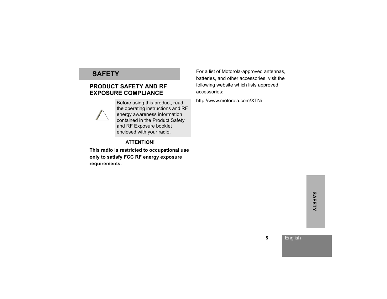 Safety, Safety product safety and rf, Exposure compliance | Motorola XTNi Series User Manual | Page 7 / 69