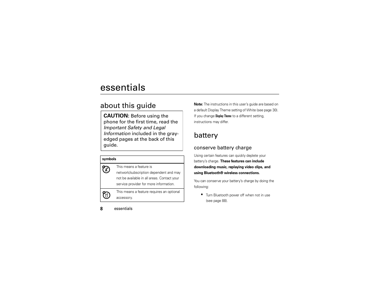 Essentials, About this guide, Battery | Motorola Entice W766 User Manual | Page 10 / 244