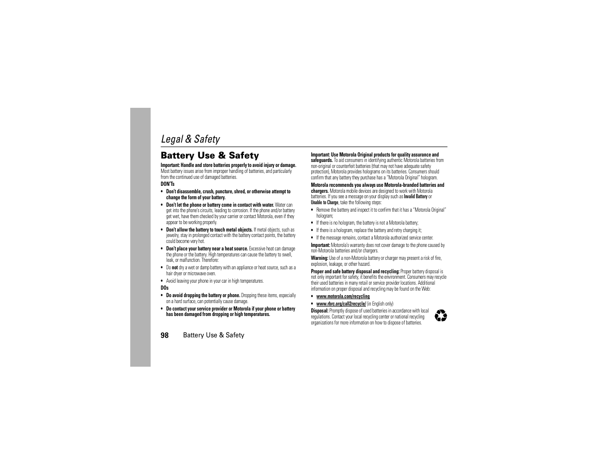 Battery use & safety, Legal & safety | Motorola Entice W766 User Manual | Page 100 / 244