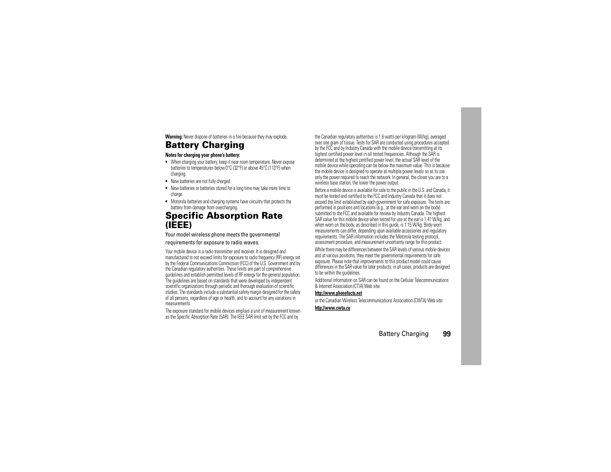 Battery charging, Sar (ieee), Specific absorption rate (ieee) | Motorola Entice W766 User Manual | Page 101 / 244