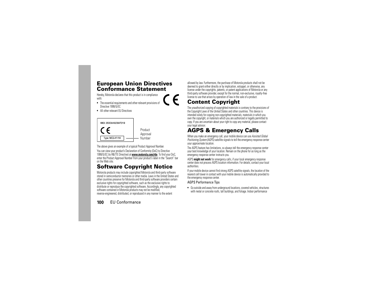 Eu conformance, Software copyright notice, Content copyright | Agps & emergency calls, European union directives conformance statement | Motorola Entice W766 User Manual | Page 102 / 244