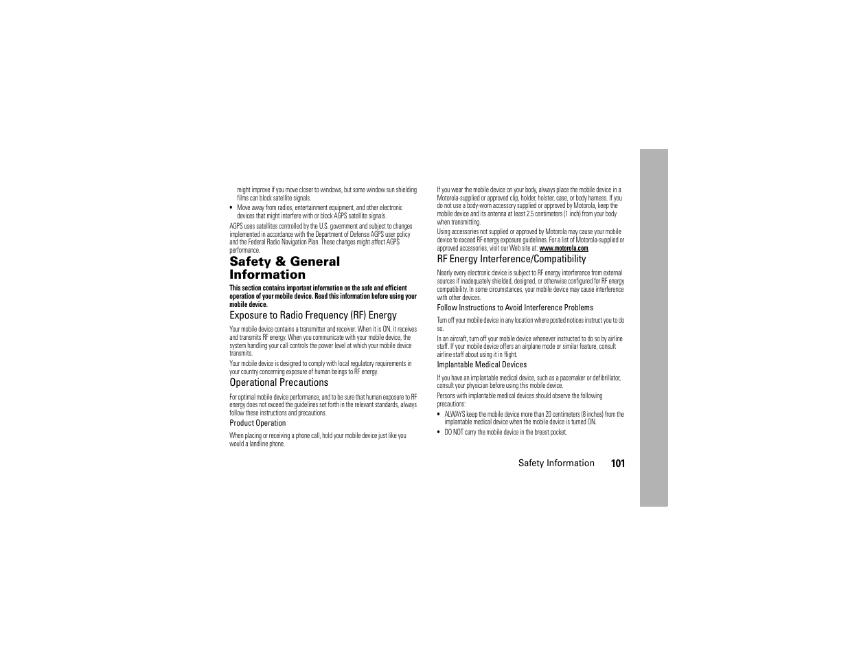 Safety information, Safety & general information | Motorola Entice W766 User Manual | Page 103 / 244