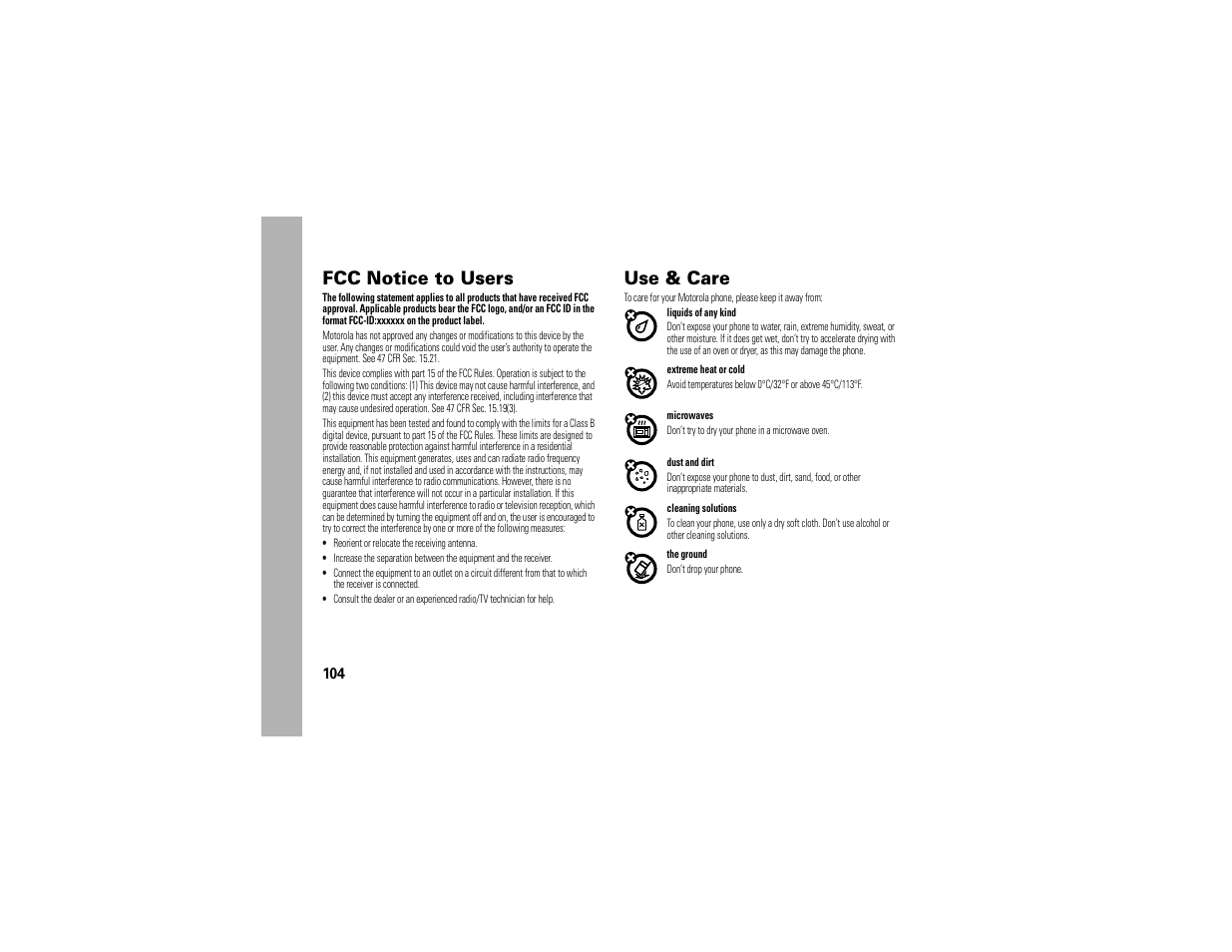 Fcc notice, Use & care, Fcc notice to users | Motorola Entice W766 User Manual | Page 106 / 244