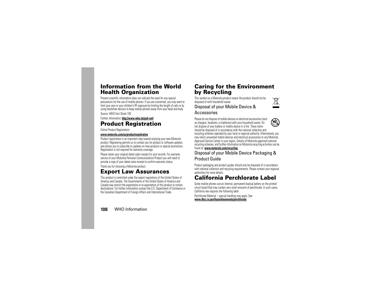 Who information, Registration, Export law | Recycling information, Perchlorate label, Information from the world health organization, Product registration, Export law assurances, Caring for the environment by recycling, California perchlorate label | Motorola Entice W766 User Manual | Page 110 / 244
