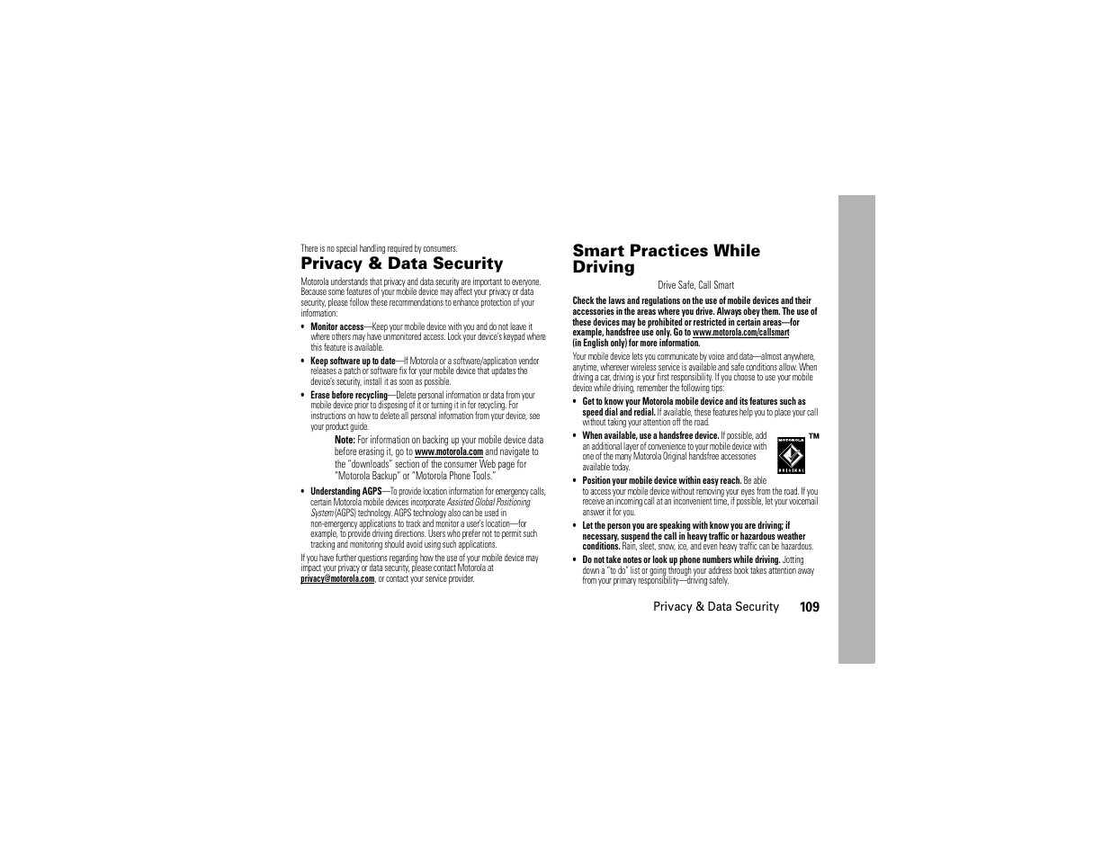 Privacy & data security, Driving safety, Smart practices while driving | Motorola Entice W766 User Manual | Page 111 / 244