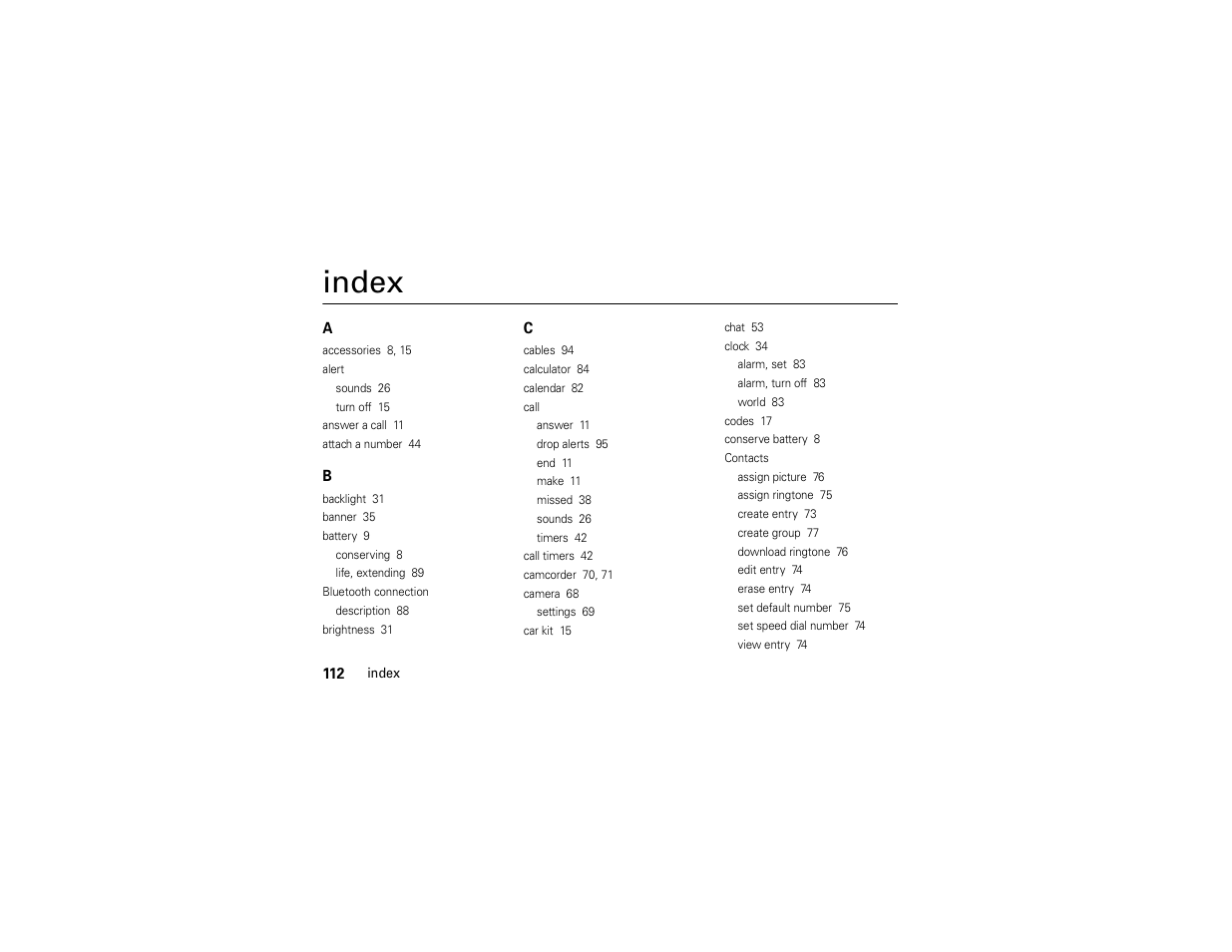 Index | Motorola Entice W766 User Manual | Page 114 / 244