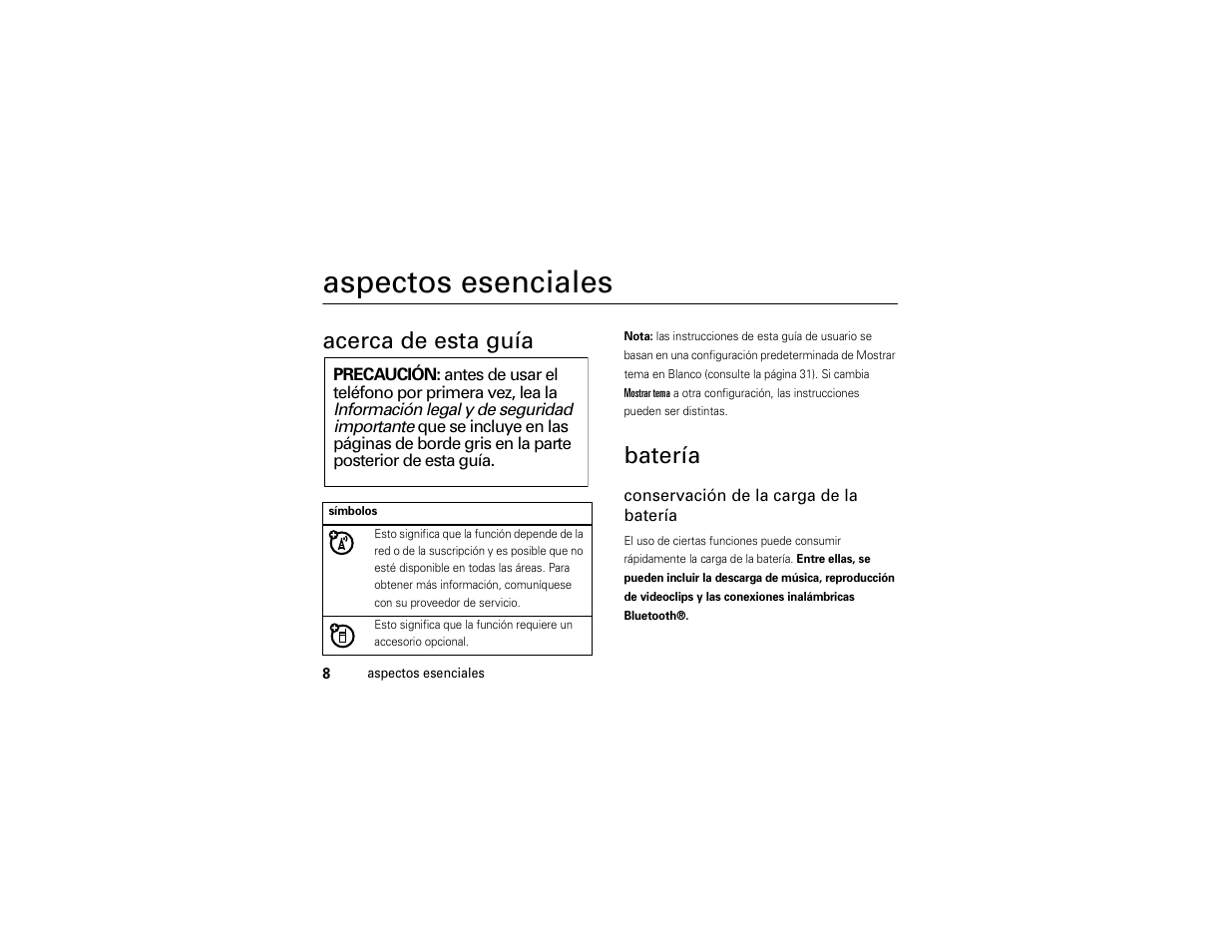 Aspectos esenciales, Acerca de esta guía, Batería | Motorola Entice W766 User Manual | Page 128 / 244