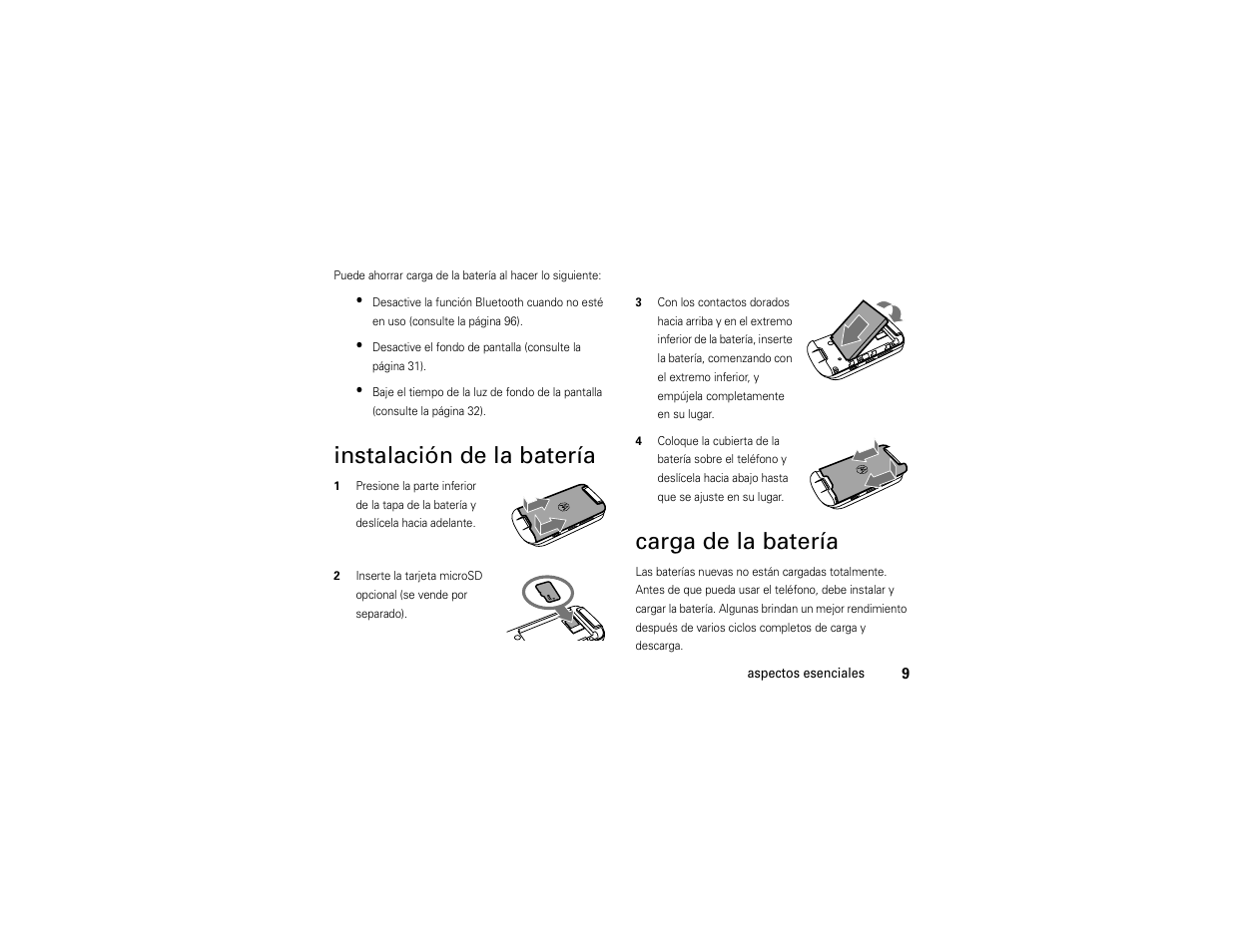 Instalación de la batería, Carga de la batería | Motorola Entice W766 User Manual | Page 129 / 244
