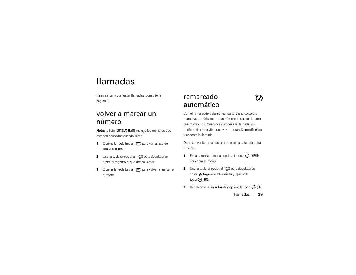 Llamadas, Volver a marcar un número, Remarcado automático | Motorola Entice W766 User Manual | Page 159 / 244
