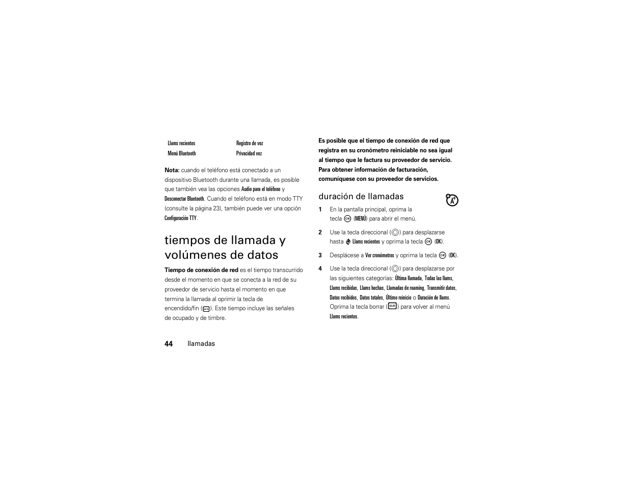 Tiempos de llamada y volúmenes de datos, Duración de llamadas | Motorola Entice W766 User Manual | Page 164 / 244
