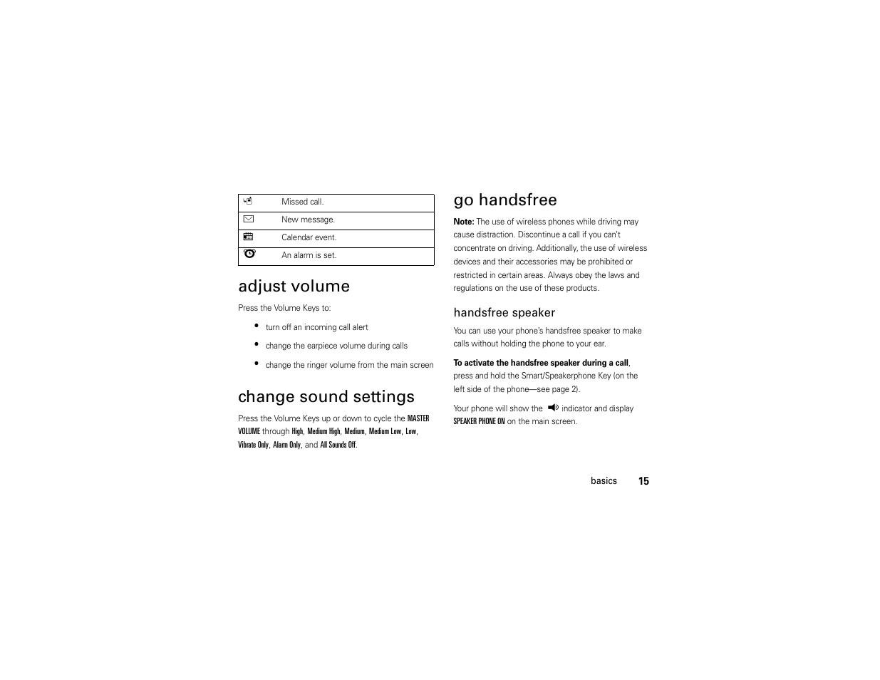 Adjust volume, Change sound settings, Go handsfree | Motorola Entice W766 User Manual | Page 17 / 244