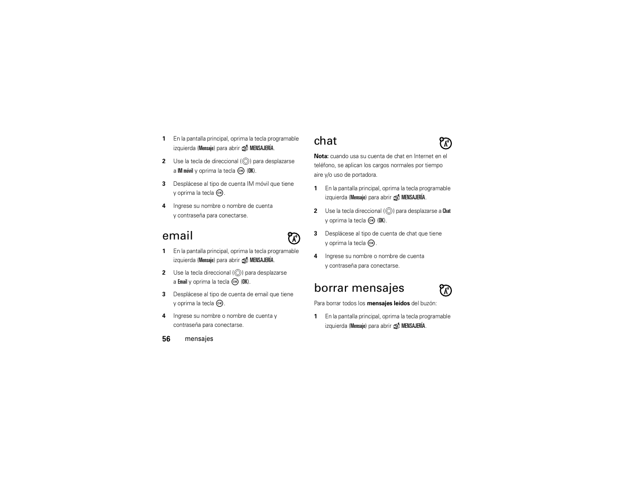 Email, Chat, Borrar mensajes | Motorola Entice W766 User Manual | Page 176 / 244