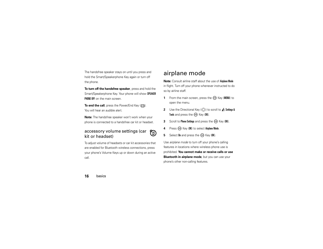 Airplane mode, Accessory volume settings (car kit or headset) | Motorola Entice W766 User Manual | Page 18 / 244