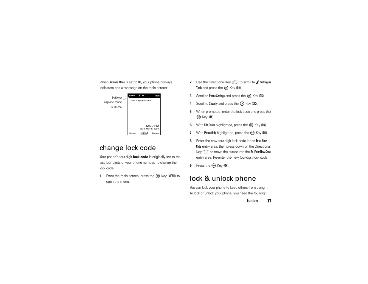 Change lock code, Lock & unlock phone | Motorola Entice W766 User Manual | Page 19 / 244