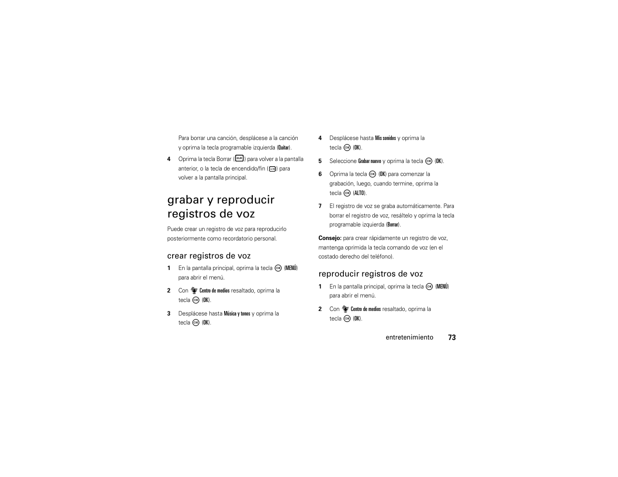 Grabar y reproducir registros de voz, Crear registros de voz, Reproducir registros de voz | Motorola Entice W766 User Manual | Page 193 / 244