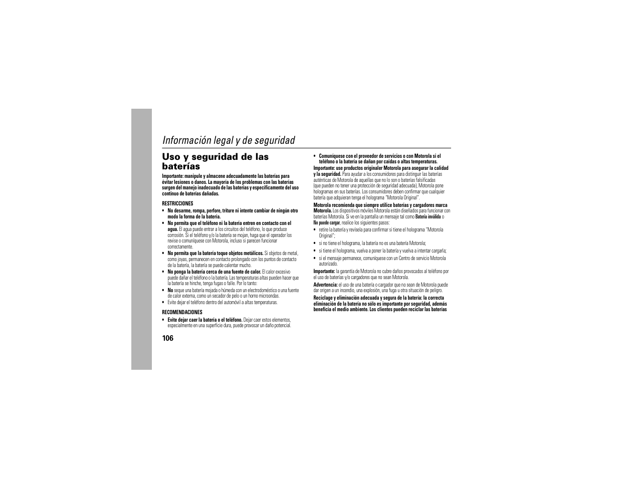 Información legal y de seguridad, Uso y seguridad de las baterías | Motorola Entice W766 User Manual | Page 226 / 244