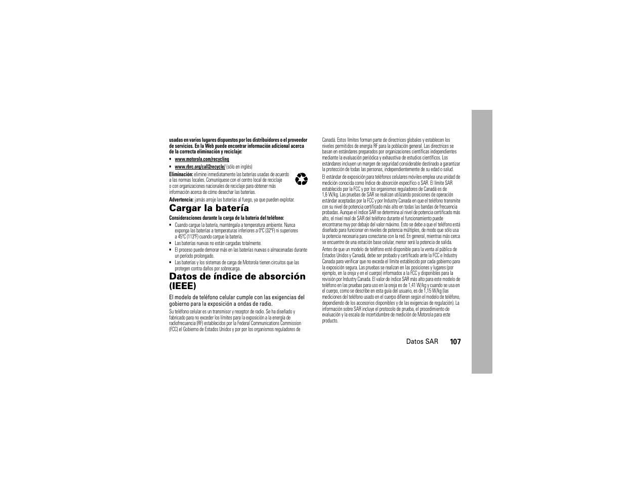 Datos sar, Cargar la batería, Datos de índice de absorción (ieee) | Motorola Entice W766 User Manual | Page 227 / 244