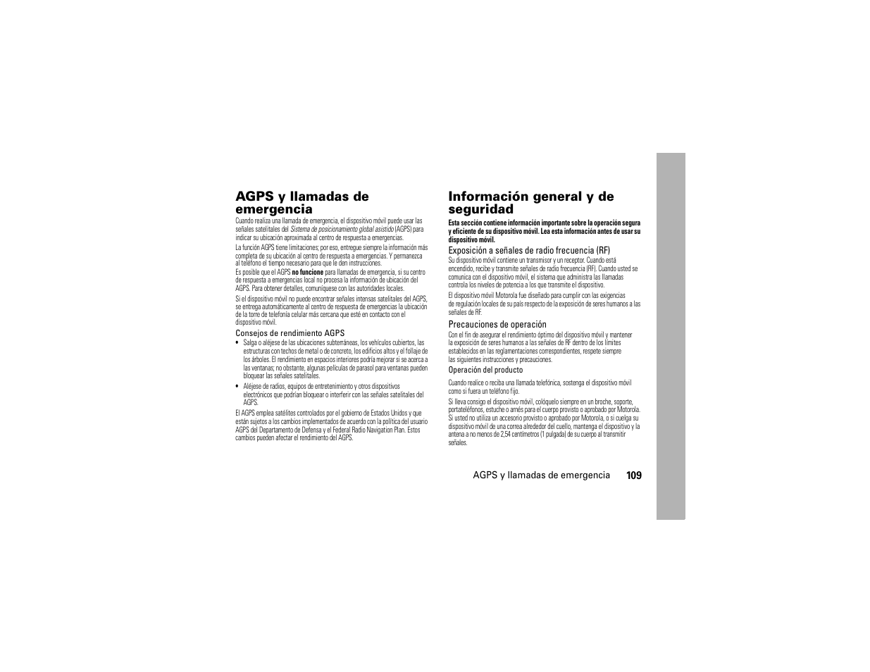 Agps y llamadas de emergencia, Información de seguridad, Información general y de seguridad | Motorola Entice W766 User Manual | Page 229 / 244