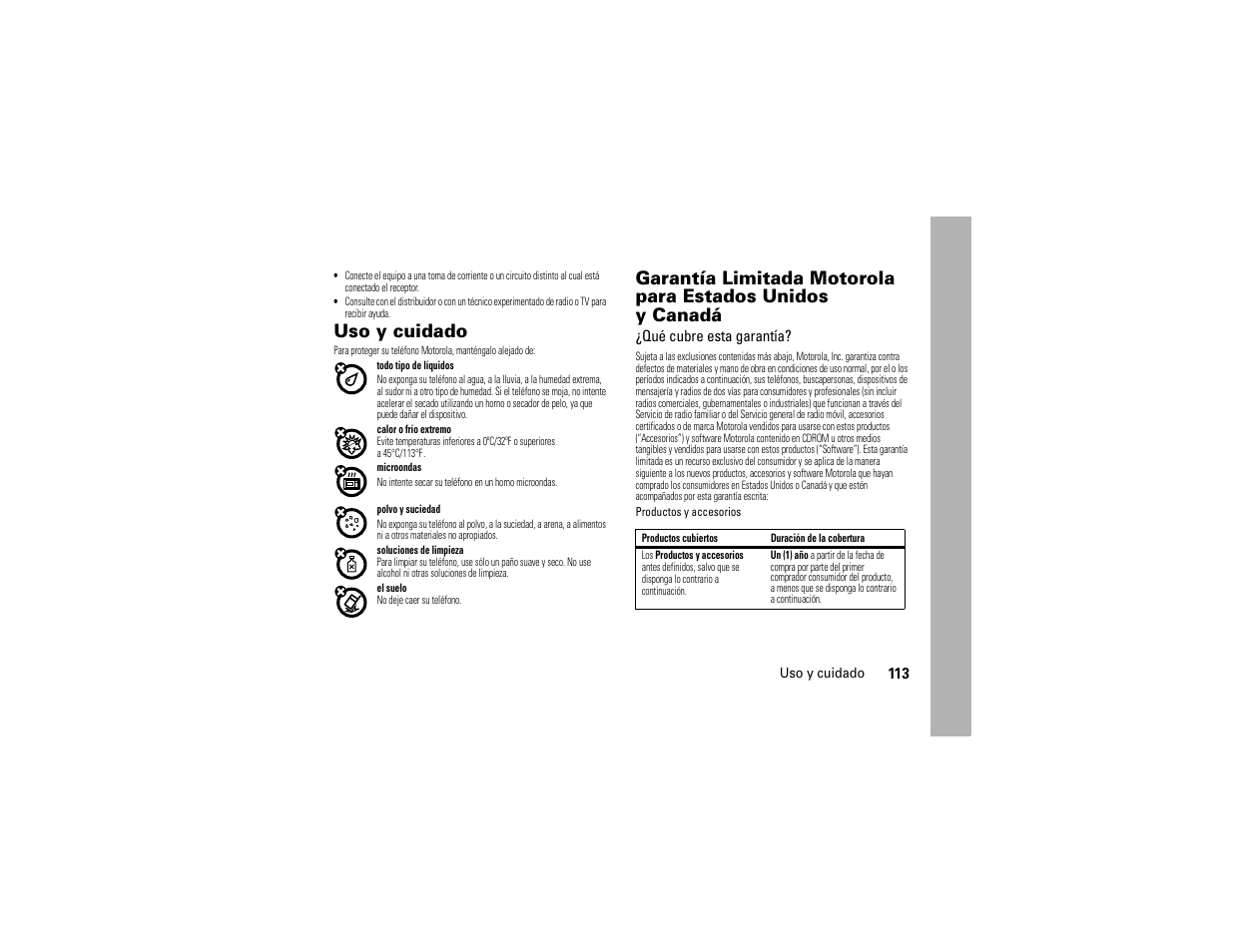 Uso y cuidado, Garantía | Motorola Entice W766 User Manual | Page 233 / 244