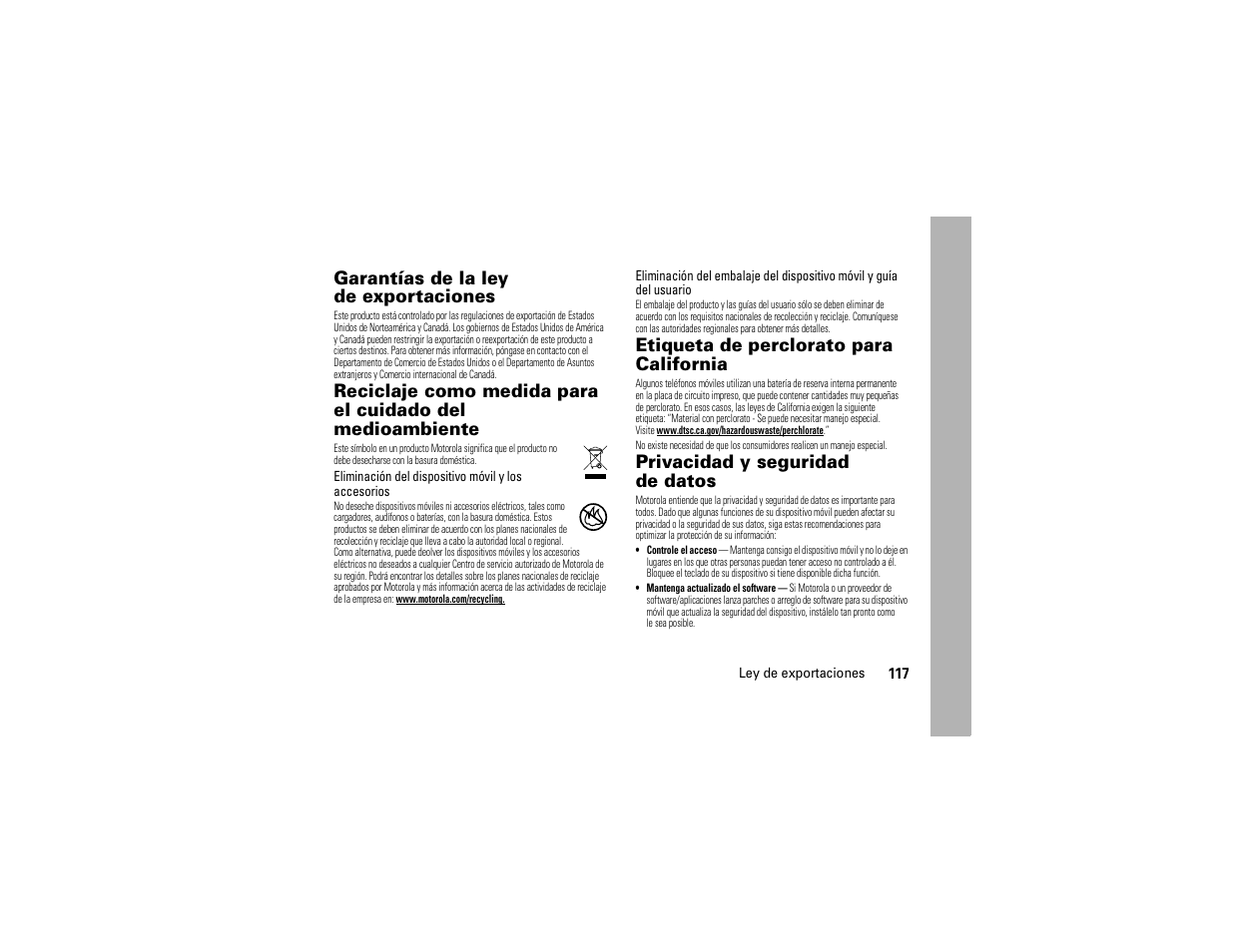 Ley de exportaciones, Información de reciclaje, Etiqueta de perclorato | Privacidad y seguridad de datos, Garantías de la ley de exportaciones, Etiqueta de perclorato para california | Motorola Entice W766 User Manual | Page 237 / 244
