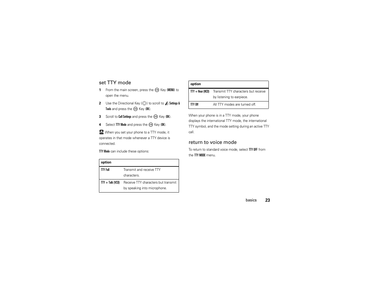 Set tty mode, Return to voice mode | Motorola Entice W766 User Manual | Page 25 / 244